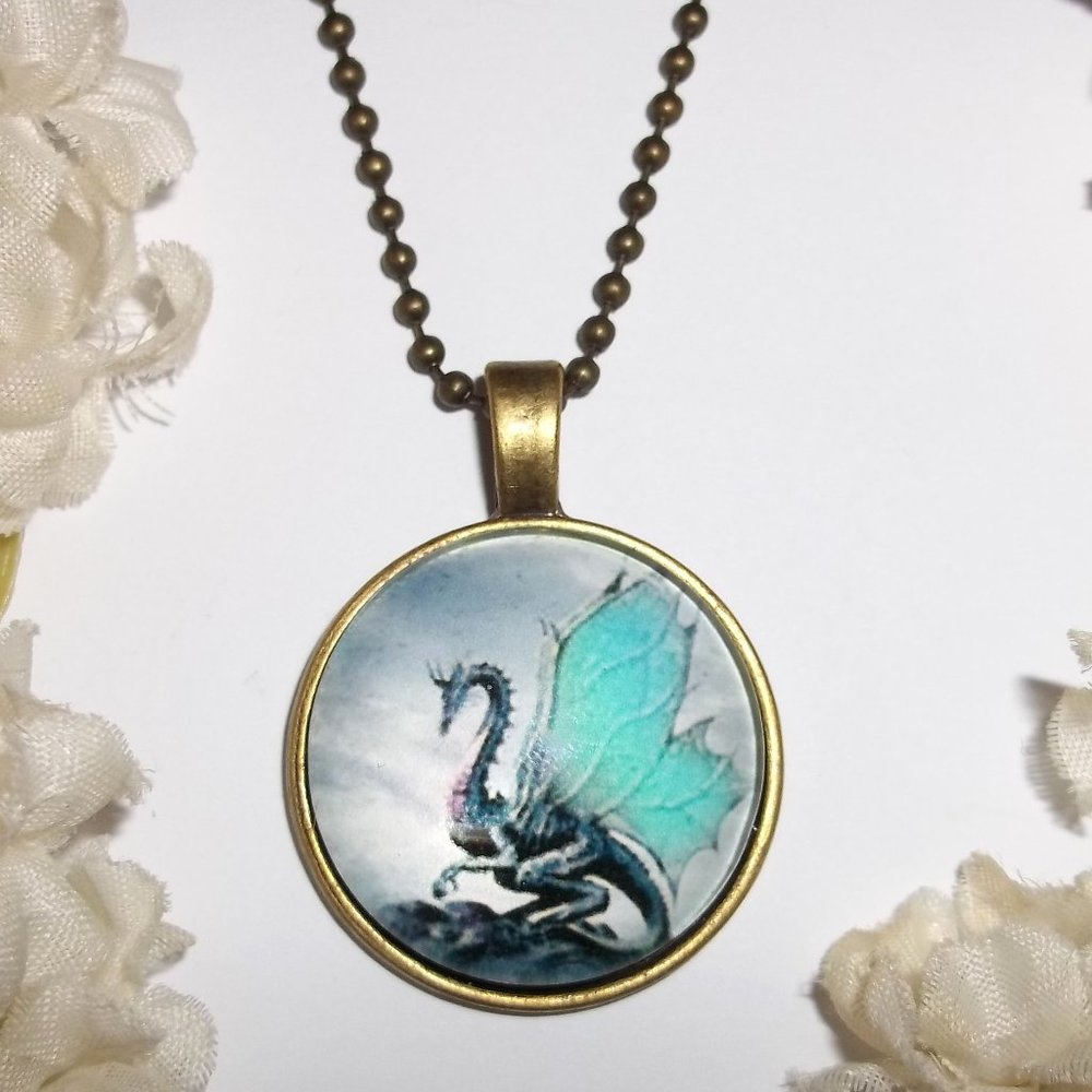 Dragon Necklace Pendant Charm Bronze and Blue Ball Chain Unisex Style Goth C468